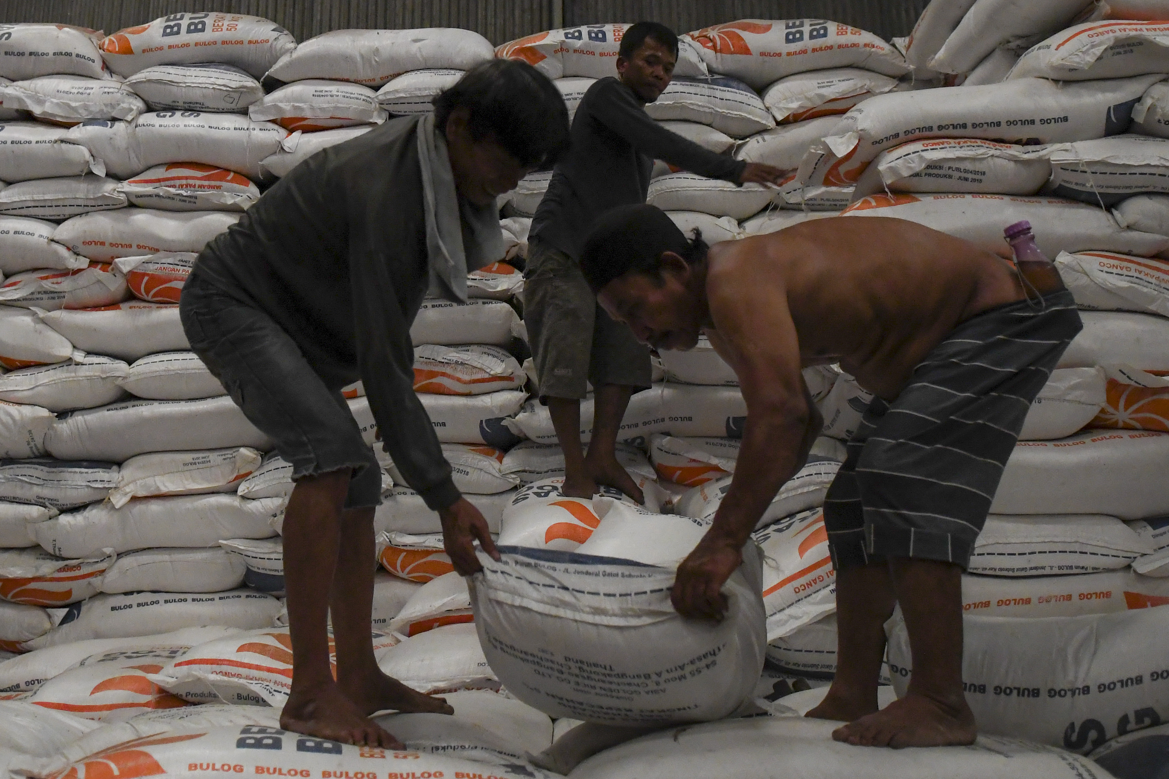  Pekerja mengangkat karung beras Bulog untuk dipindahkan ke dalam mobil box di Gudang Bulog Kelapa Gading, Jakarta.