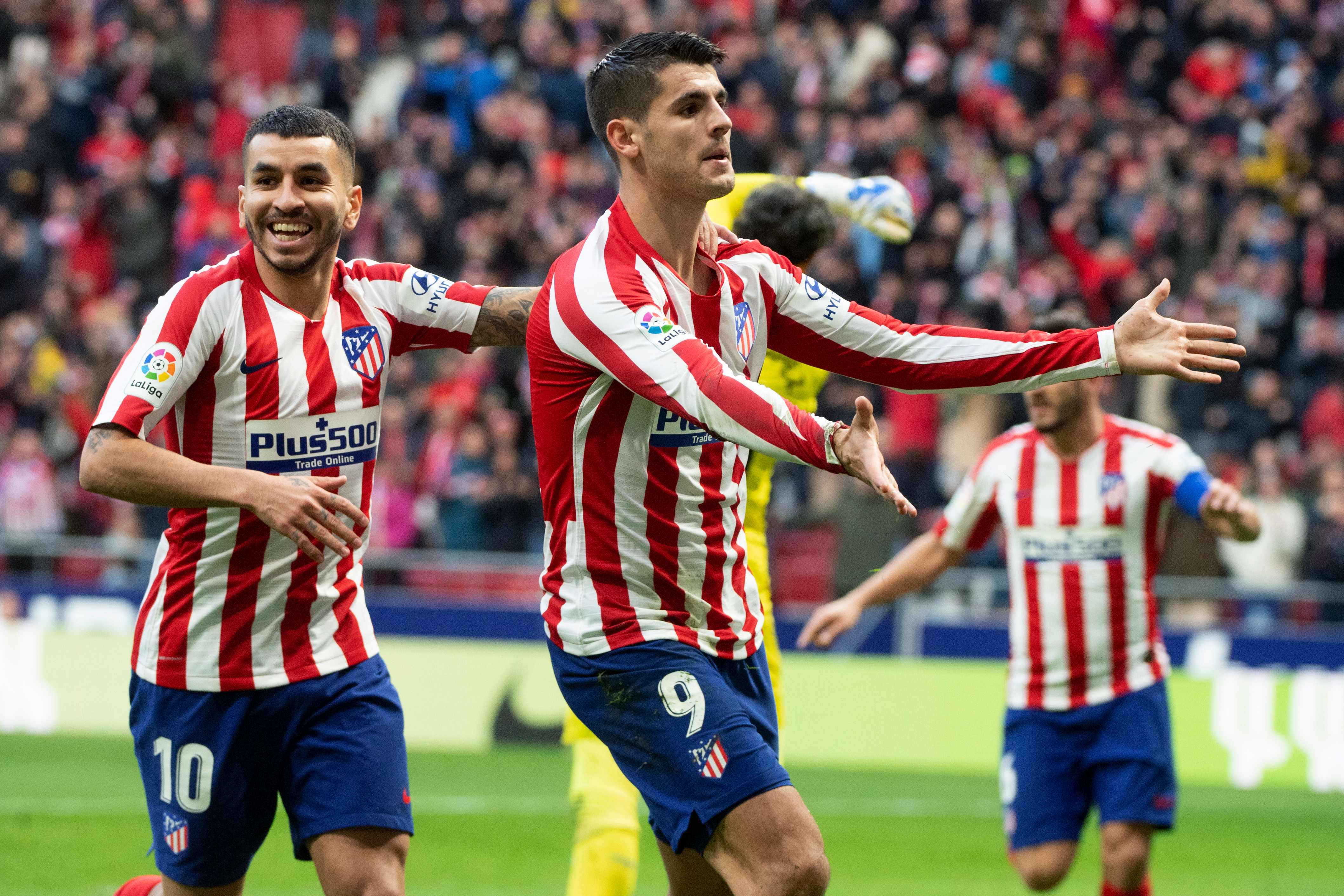 Alvaro Morata (kanan) melakukan selebrasi usai mencetak gol ke gawang Espanyol di laga lanjutan La Liga.