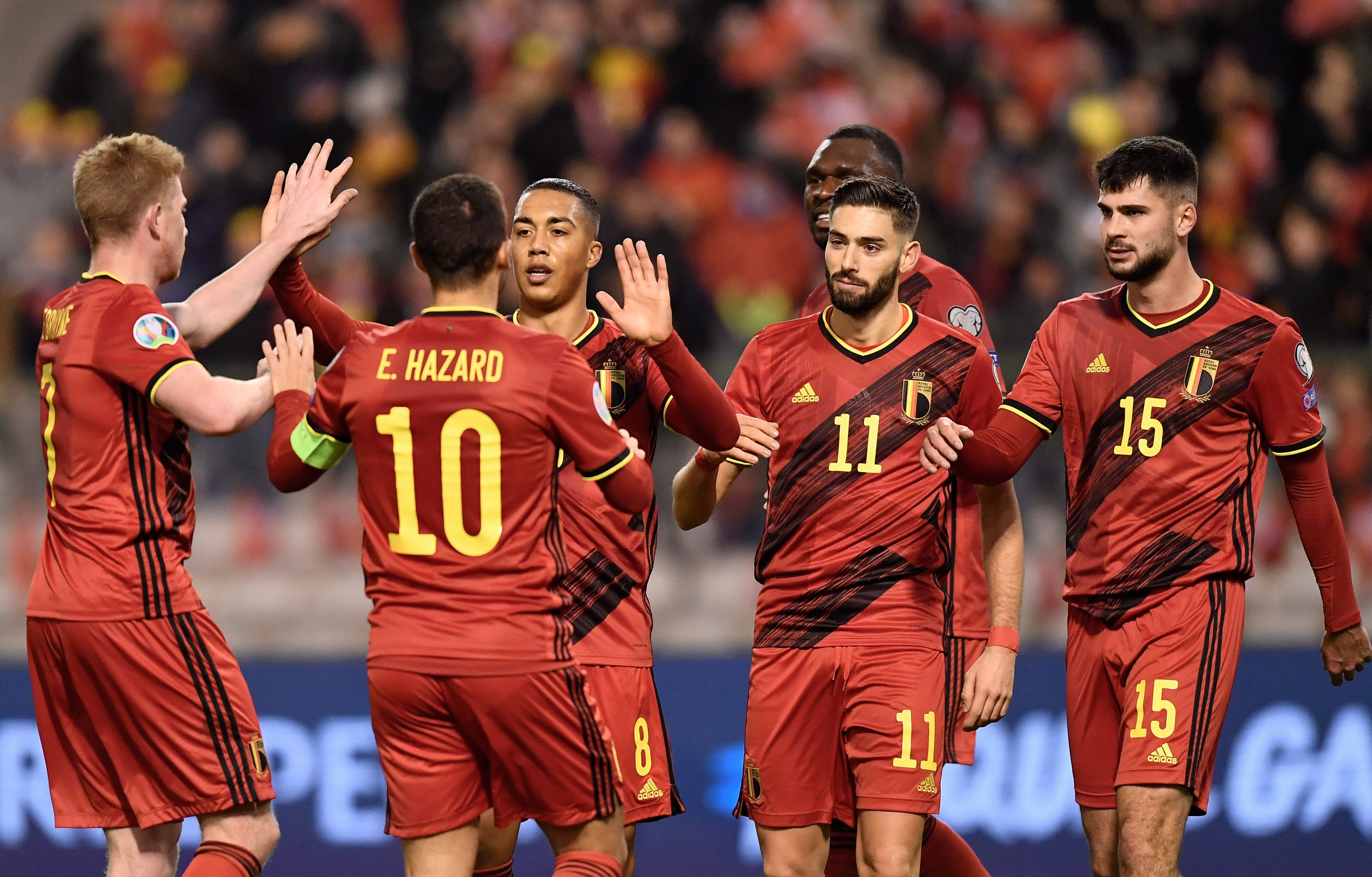 Para pemain Belgia melakukan selebrasi usai mencetak gol ke gawang Siprus