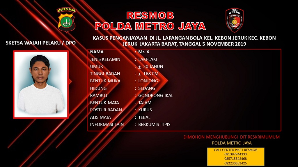 Sketsa wajah pelaku penyiram air keras di Jakarta Barat.