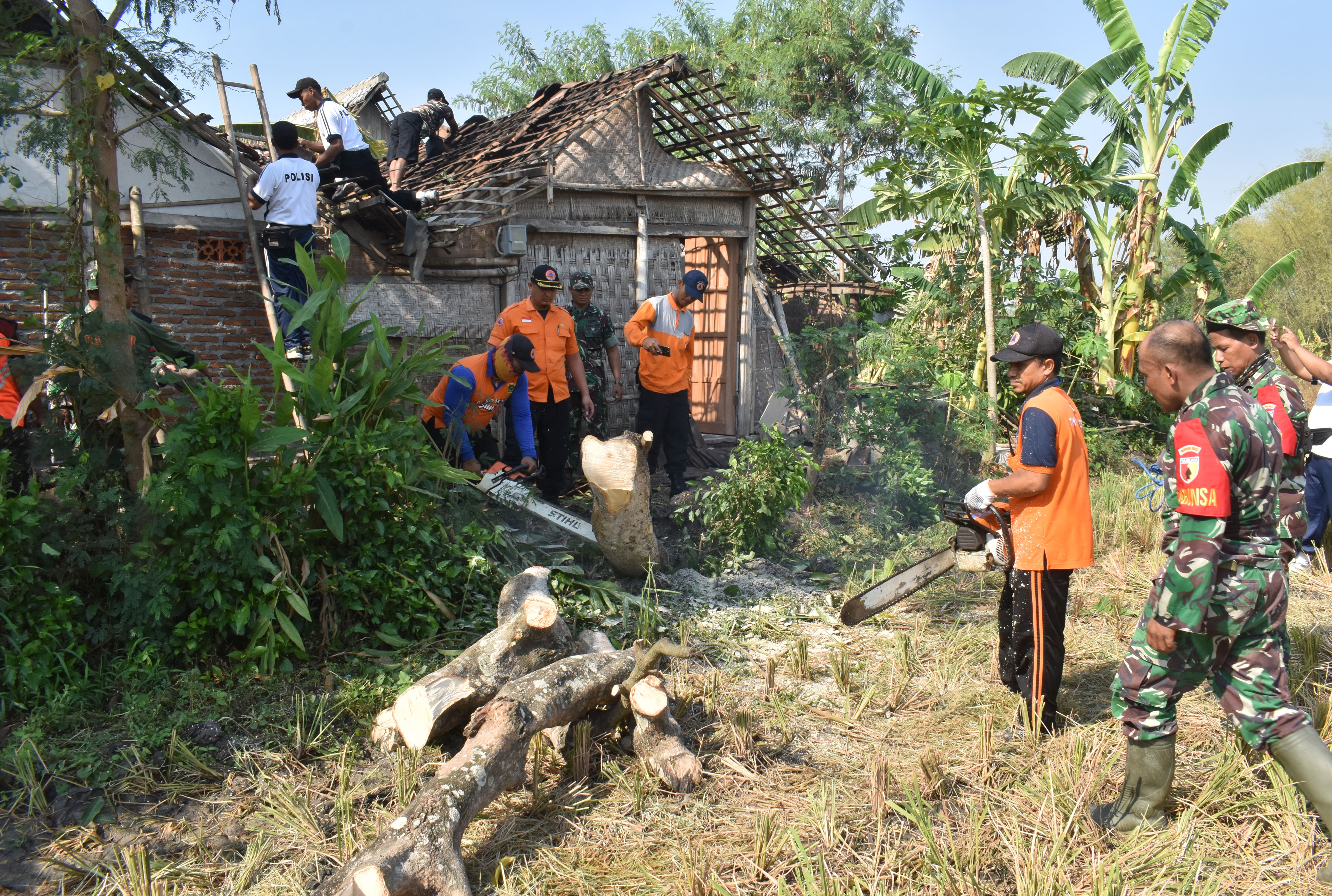 Petugas Badan Penanggulangan Bencana Daerah (BPBD) bersama TNI, Polri dan warga membersihkan sisa terjangan angin puting beliung di Madiun