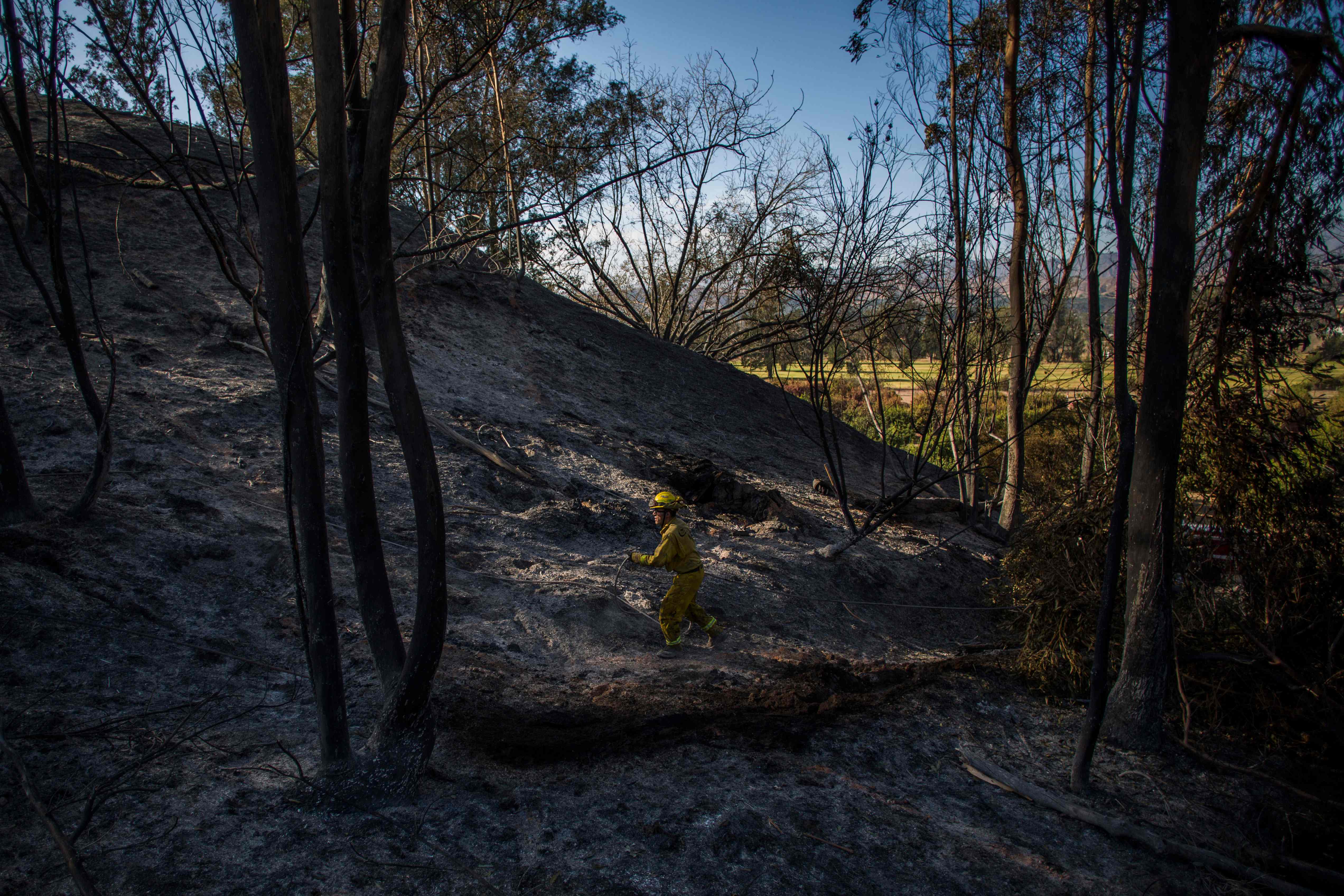 Petugas pemadam kebakaran memantau titik panas akibat Maria Fire di Santa Paula, California