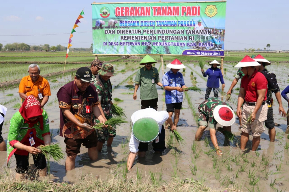 Wakil Bupati Blora Arief Rohman (topi hitam) memulai tanam padi di  Desa Ketuwan, Kecamatan Kedungtuban, Blora