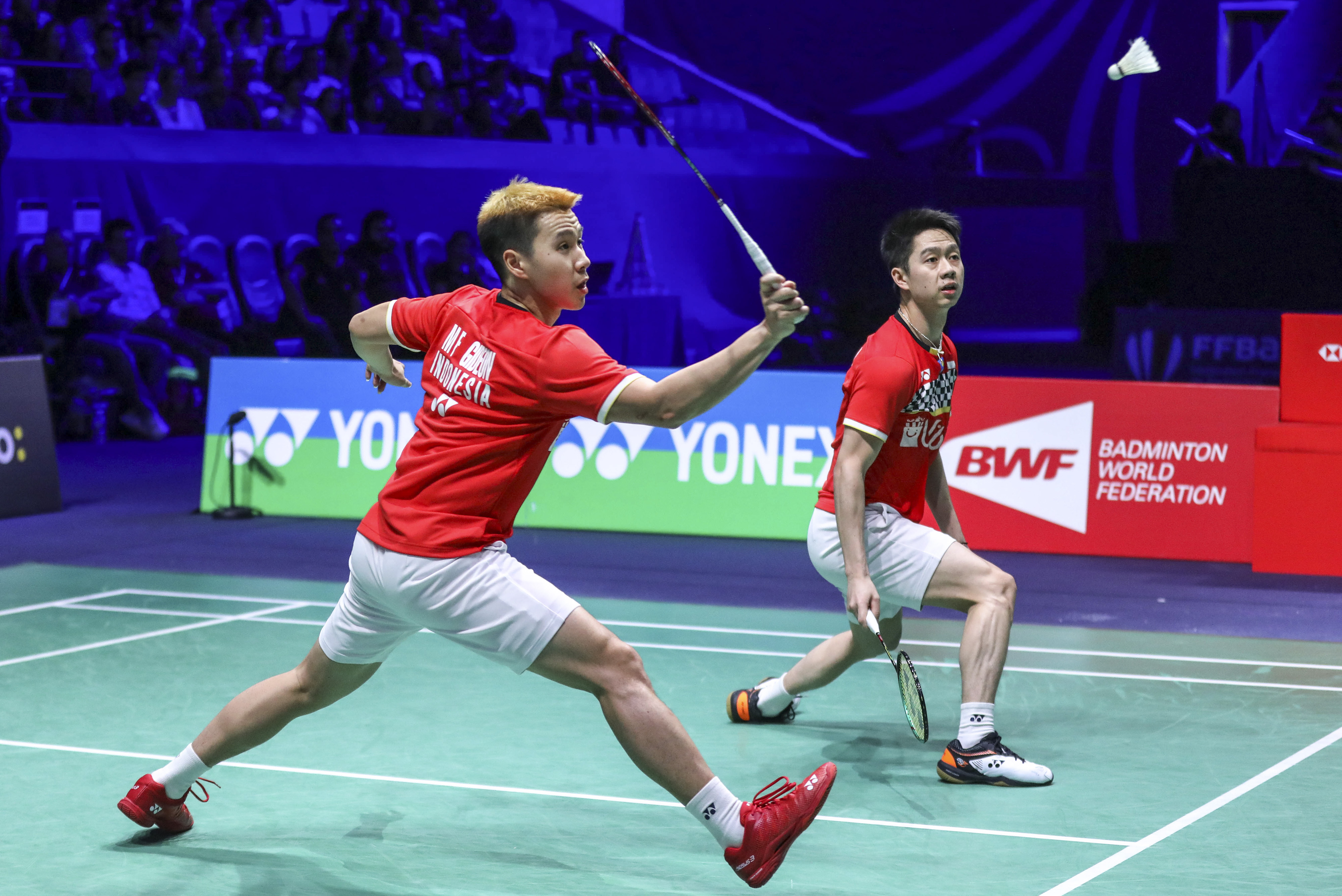 Ganda putra Indonesia Marcus Fernaldi Gideon (kiri) dan Kevin Sanjaya Sukamuljo (kanan)