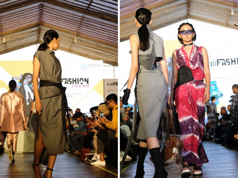 Model mengenakan pakaian terbuat dari rayon di Bali Fahion Tren, Kamis (7/11). (Kiri) karya Enny Mink dan (kanan) karya Sav Kanin.