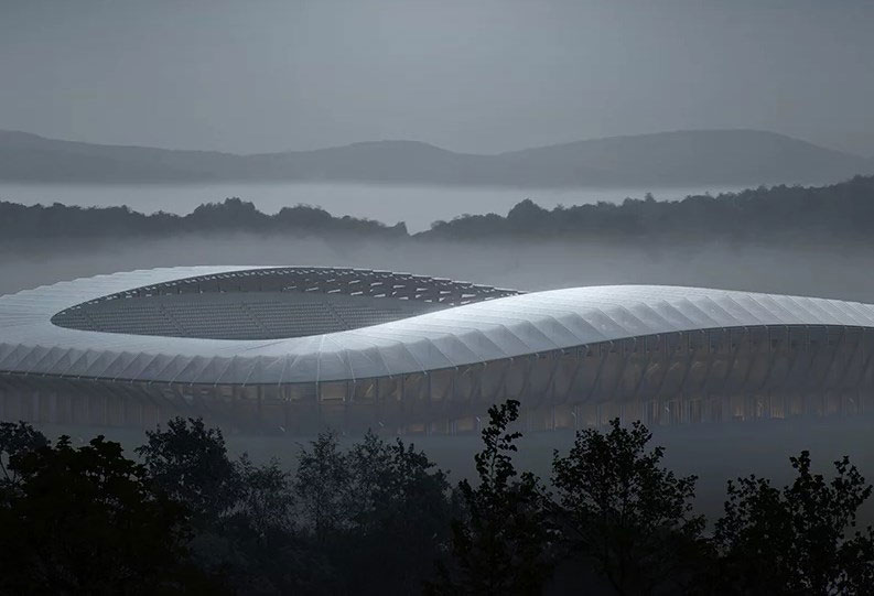 Stadion kayu yang dibangun Zaha Hadid.  
