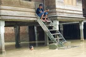 Rumah panggung warga menyelamatkan mereka dari rendaman banjir.