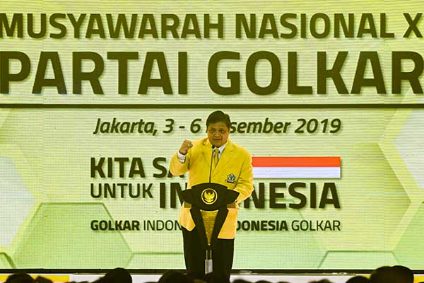 Ketua Umum Partai Golkar Airlangga Hartarto pada pembukaan Musyawarah Nasional (Munas) Partai Golkar di Jakarta, Selasa (3/12/2019). 