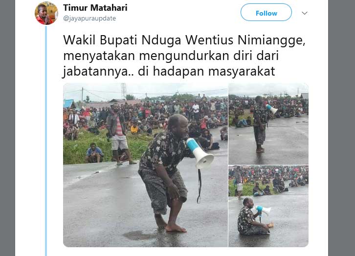 Cicitan di akun twitter @Jayapuraupdate yang menyebut Wakil Bupati Nduga mengundurkan diri