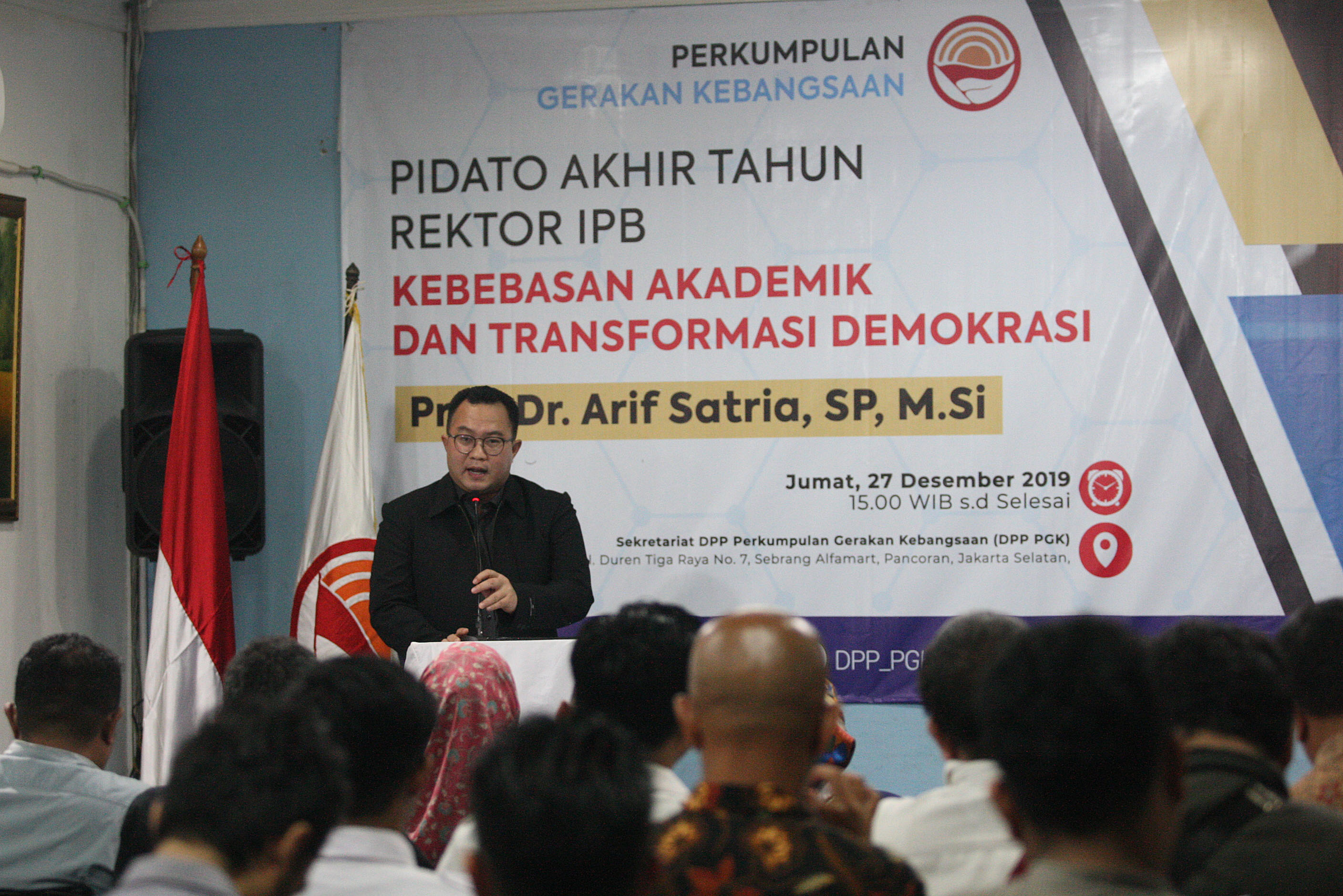 Rektor IPB Prof Dr Arif Satria menyampaikan Pidato Akhir Tahun di Kantor DPP Perkumpulan Gerakan Kebangsaan, Jakarta, Jumat (27/12)