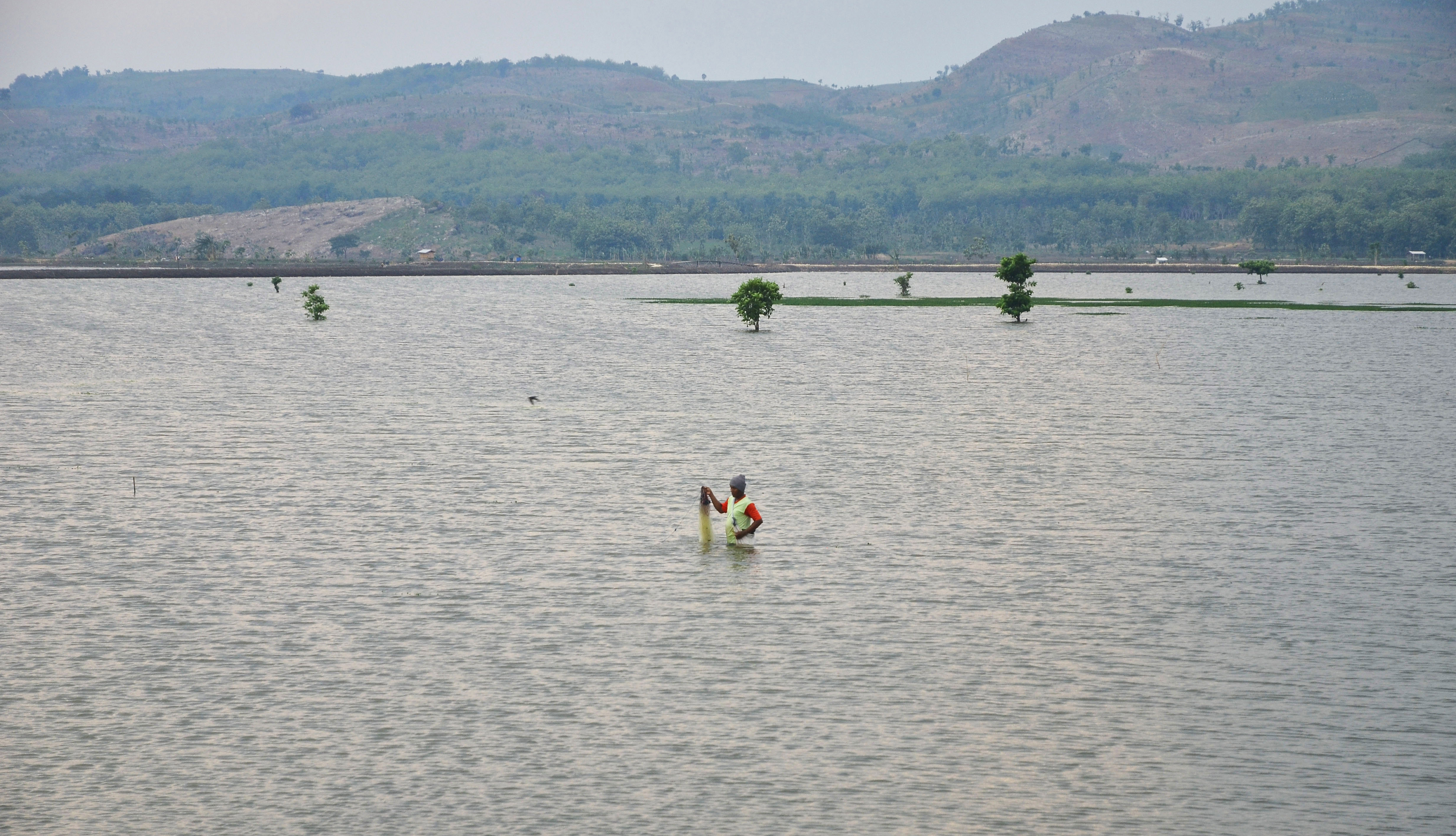  Warga mencari ikan di persawahan terendam banjir di Desa Wonosoco, Undaan, Kudus, Jateng, Senin (2/12/2019). Kini wilayah itu banjir lagi.