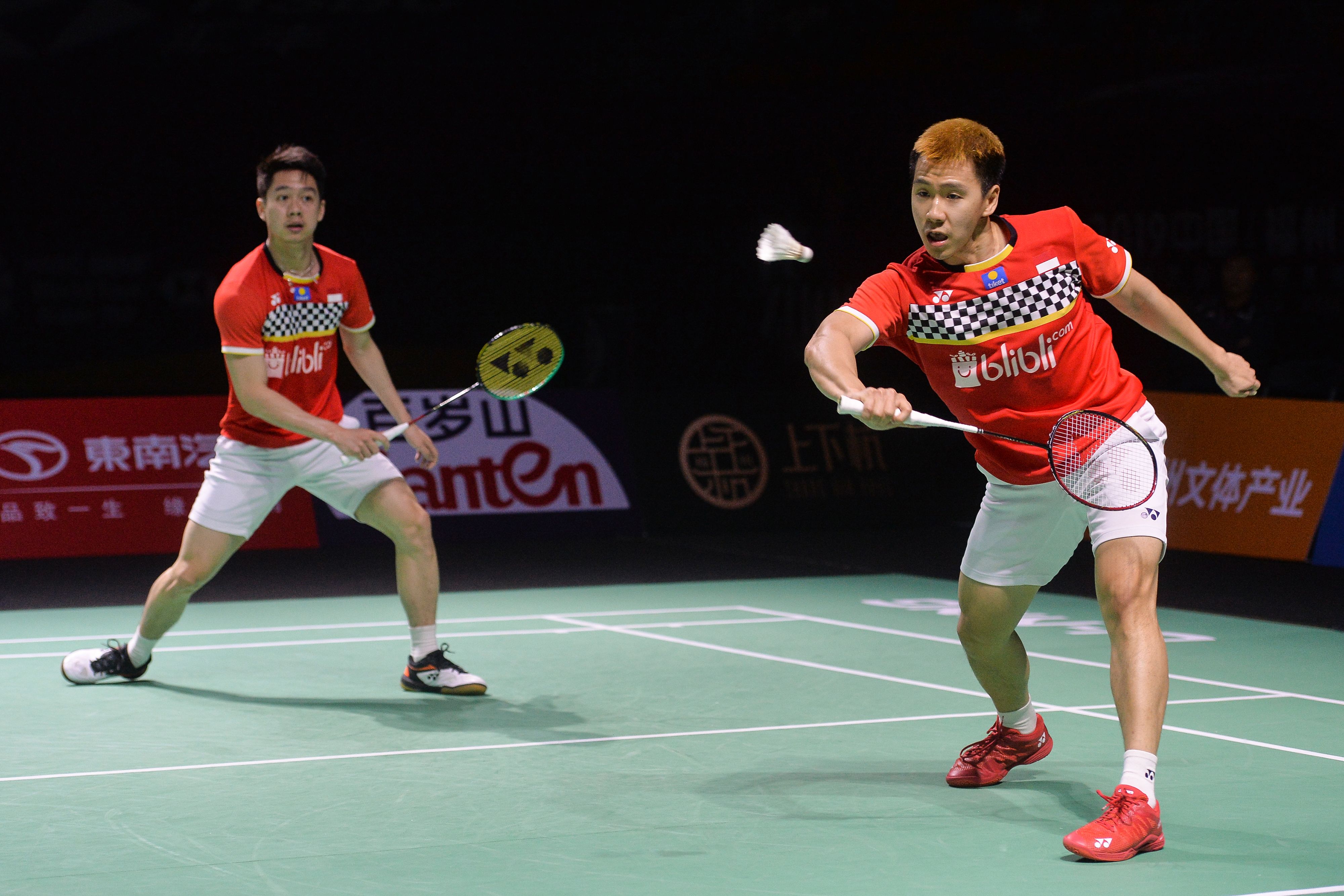 Ganda putra Marcus Fernaldi Gideon (kanan) dan Kevin Sanjaya Sukamuljo