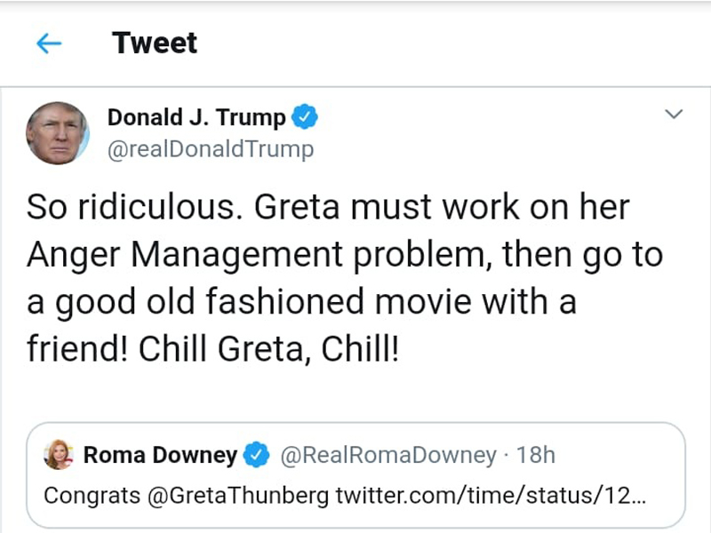 Presiden Donald Trump melontarkan cuitan terkait terpilihnya Greta Thunberg sebagai TIME