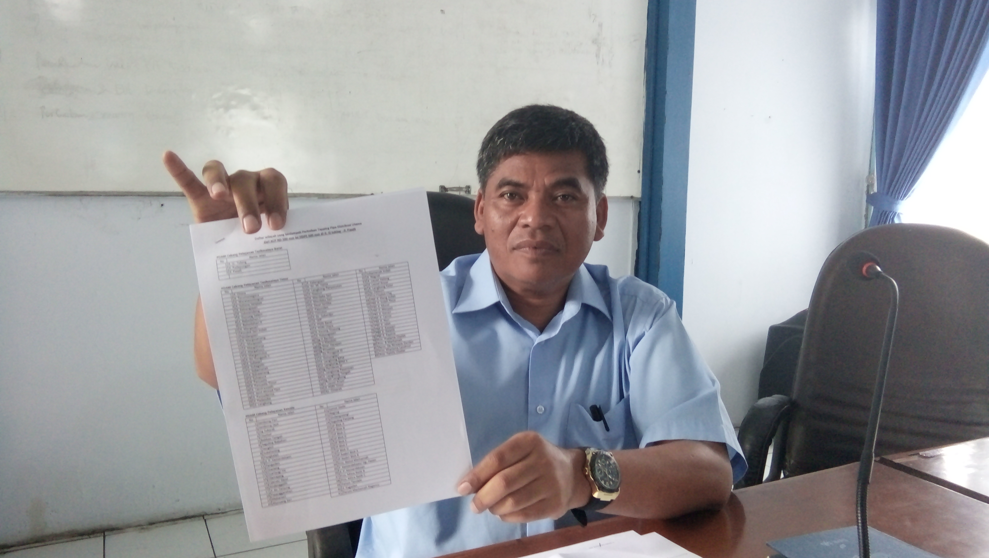 Direktur Utama PDAM Tirta SukapuraTasikmalaya, Wawan Darmawan memperlihatkan daftar wilayah terdampak perbaikan pipa air. 