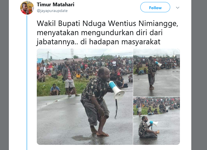Cicitan di akun twitter @Jayapuraupdate yang menyebut Wakil Bupati Nduga mengundurkan diri