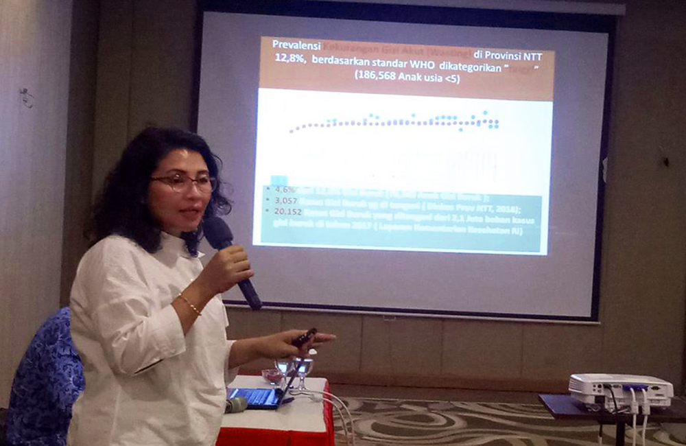 Nutrition Officer Unicef Perwakilan NTT Blandina Bait menyampaikan meteri dalam lokakarya Konsultasi Stunting di Kupang, Rabu (18/12/2019).