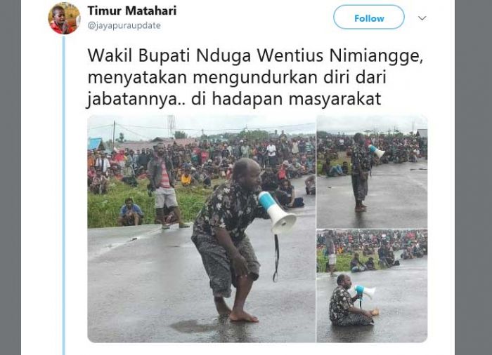 Cicitan di akun twitter @Jayapuraupdate yang menyebut Wakil Bupati Nduga mengundurkan diri