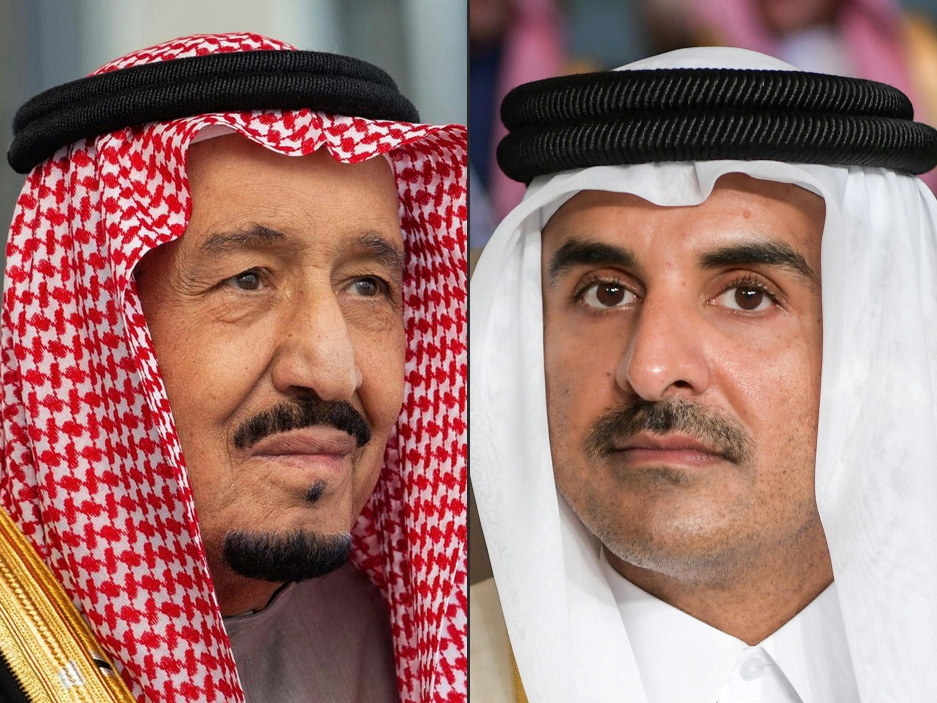 Foto kombinasi Raja Arab Saudi Salman bin Abdulaziz (kiri) dan Emir Qatar Sheikh Tamim bin Hamad Al-Thani