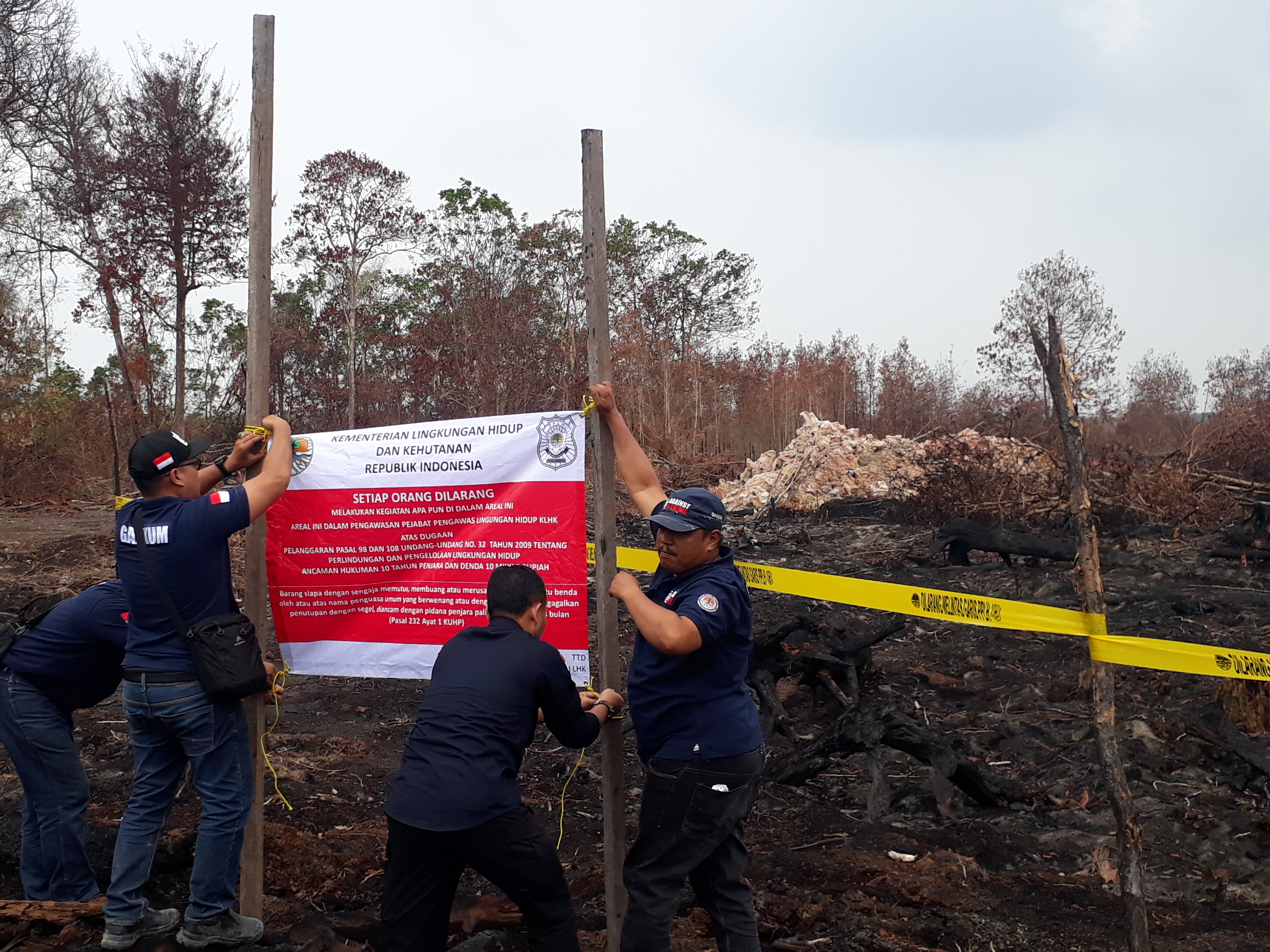Tim penegakan hukum KLHK menyegel lahan konsensi yang terbakar di Sumatra Selatan beberapa waktu lalu. 