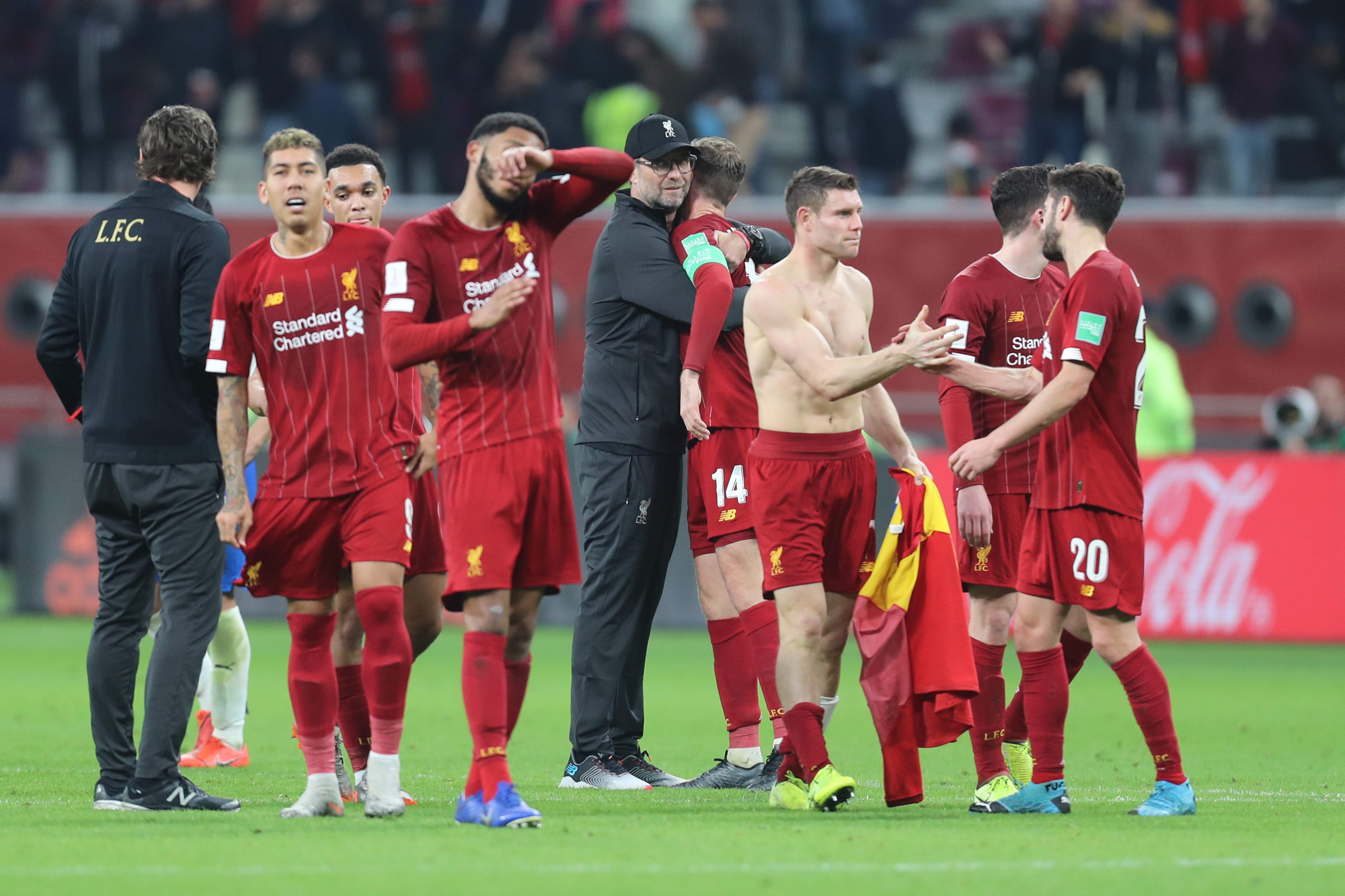  Liverpool merayakan kemenangan mereka selama pertandingan sepak bola semifinal Piala Dunia Klub FIFA 2019 antara Monterrey dan Liverpool  