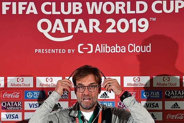 Pelatih Liverpool Jurgen Klopp memberikan konferensi pers jelang laga semifi nal Piala Dunia Antarklub 2019 di Doha Qatar, kemarin.