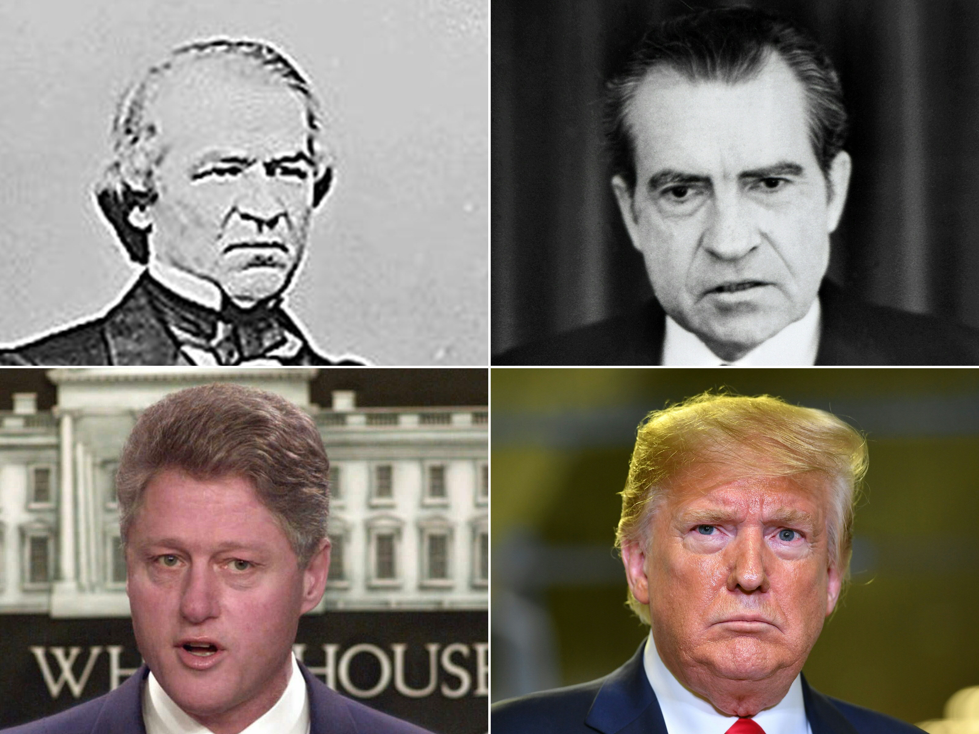 Presiden Amerika Serikat yang pernah dimakzulkan searah jarum jam Andrew Johnson, Richard Nixon, Donald Trump, dan Bill Clinton