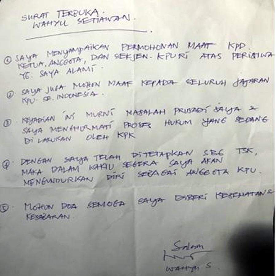 Surat Terbuka Komisioner KPU yang juga Tersangka OTT KPK Wahyu Setiawan
