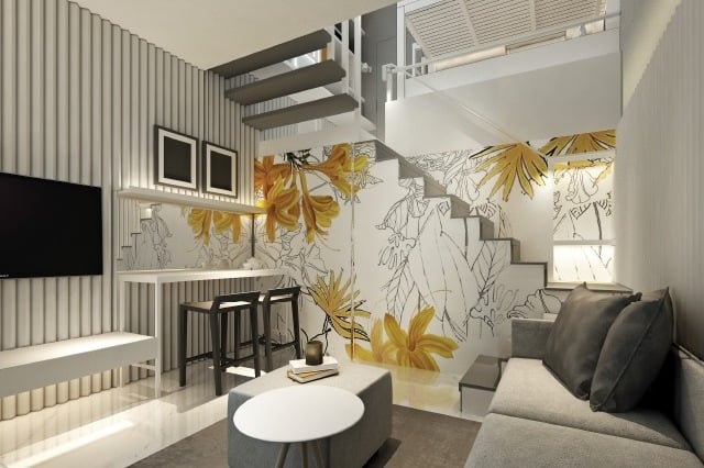 Desain interior dapur Tabebuya didesain untuk dapat ditutup dengan pintu geser untuk memisahkan area ruang keluarga dan dapur.