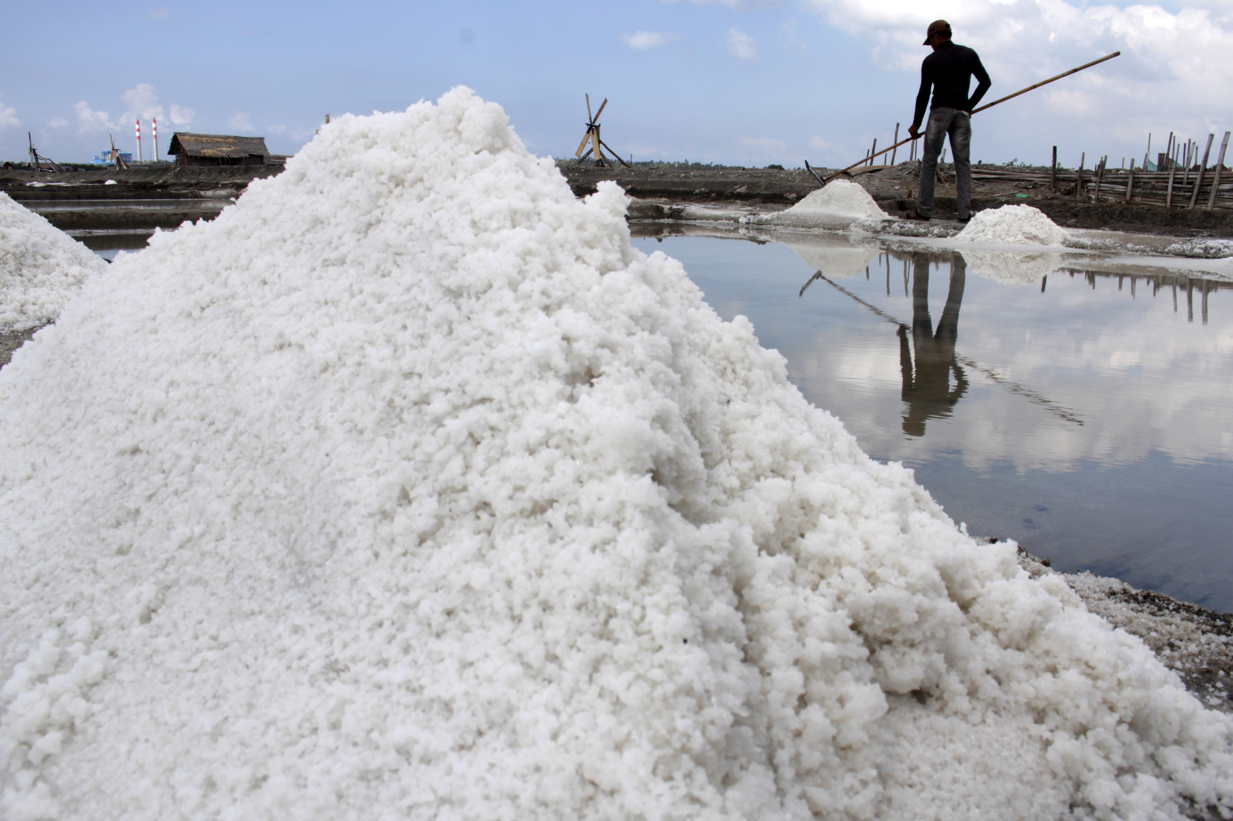 Petani memanen garam di Kelurahan Pallengu, Bangkala, Jeneponto, Sulawesi Selatan, Minggu (17/11/2019)