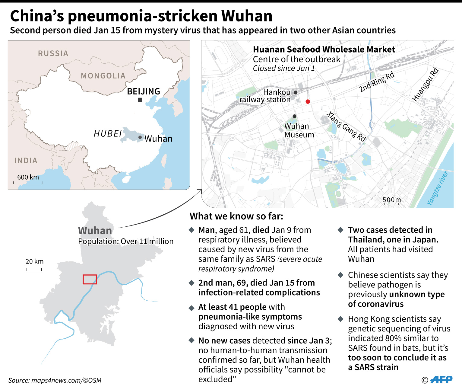Peta Kota Wuhan di Tiongkok, tempat terjadinya 41 kasus pneumonia yang berpotensi dikaitkan dengan jenis baru virus corona.