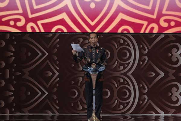 Pidato Presiden Joko Widodo pada acara Pertemuan Tahunan Industri Jasa Keuangan 2020 di Ritz Carlton, Jakarta, Kamis (16/1/2020)