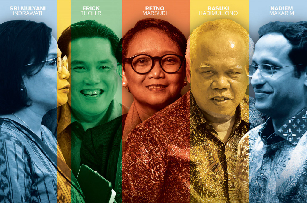 Menkeu Sri Mulyani(kiri), Menteri BUMN Erick Thohir, Menlu Retno Marsudi, Menteri PUPR Basuki Hadimuljono, dan Mendikbud Nadiem Makarim.