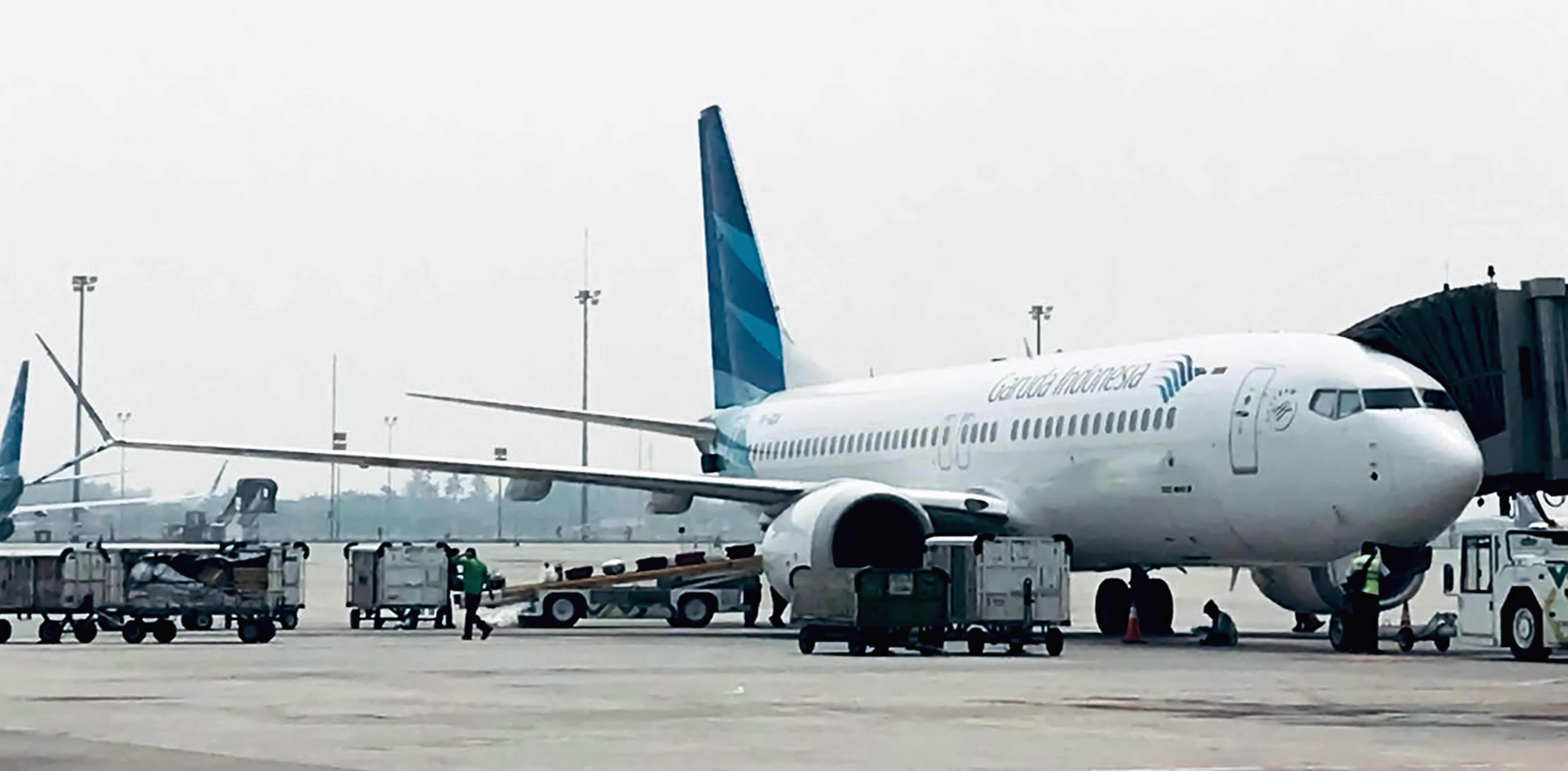 Pesawat Boeing 737 Max 8 milik maskapai Garuda Indonesia di Bandara Internasional Soekarno-Hatta, Tangerang. 