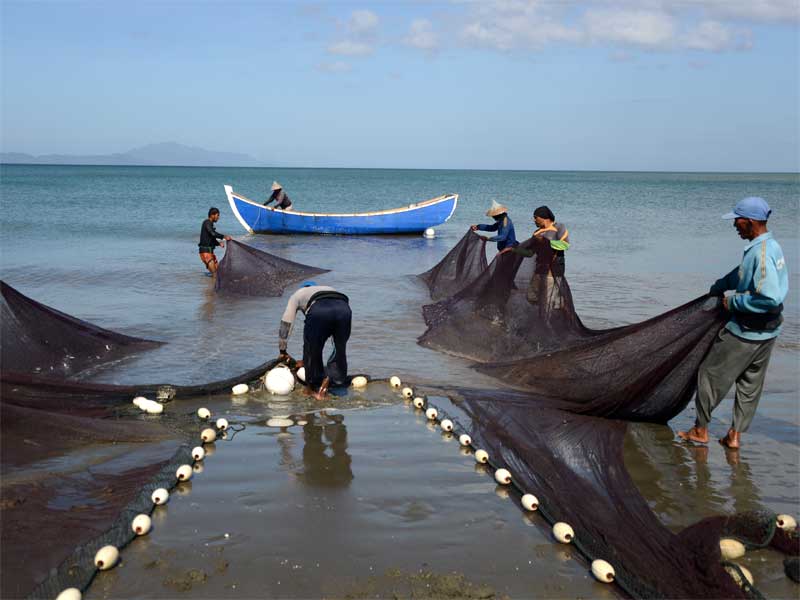 Nelayan tradisional menarik pukat darat saat menangkap ikan di perairan Pantai Kampung Jawa, Banda Aceh, Aceh.