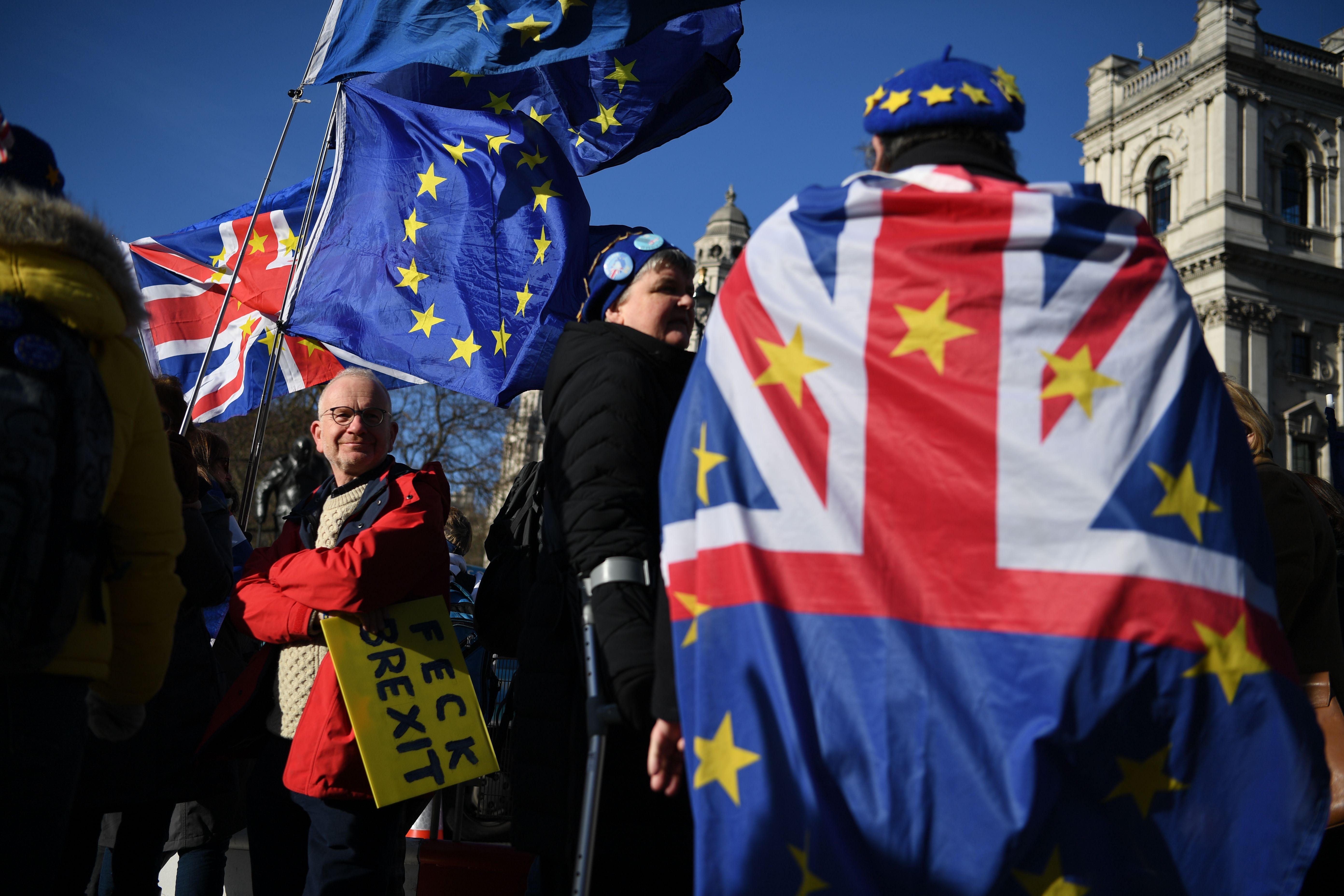 Sejumlah demonstran anti-Brexit berunjuk rasa di luar  Gedung Parlemen di London, Inggris, Rabu (29/1).