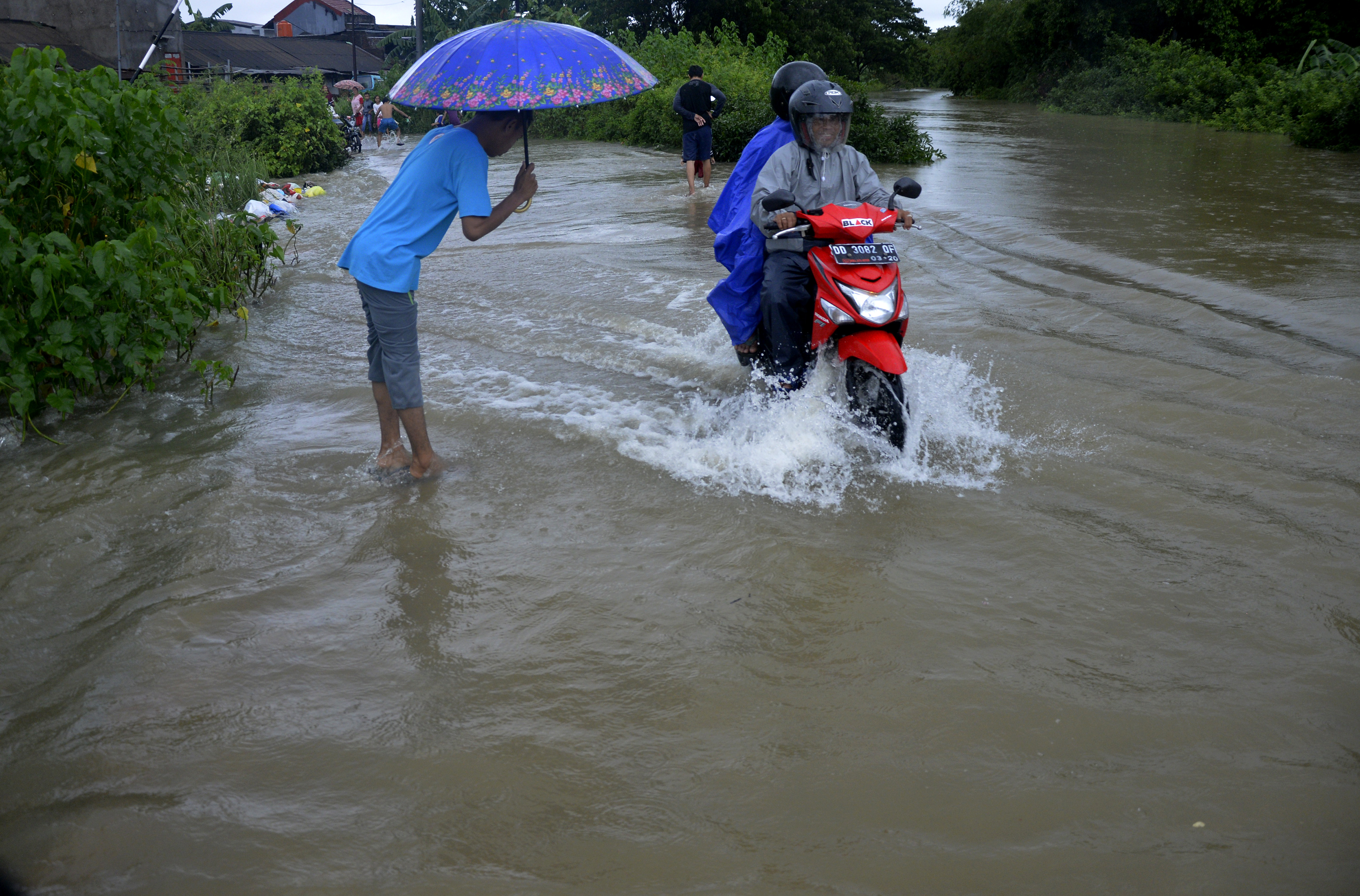 Pengendara berusaha menerobos banjir yang menggenangi ruas jalan Kelurahan Katimbang, Makassar, Sulawesi Selatan.