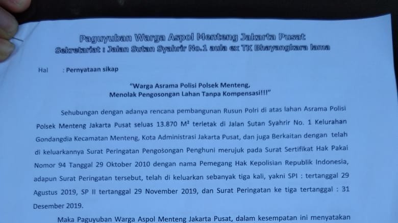 Petisi tolak penggusuran lahan Asrama Polisi Menteng, Jakarta Pusat