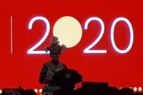 Menlu Retno Marsudi dalam acara Pernyataan Pers Tahunan Menteri (PPTM) Tahun 2020 bertempat di Kemenlu, Jakarta Pusat, Rabu (8/1).