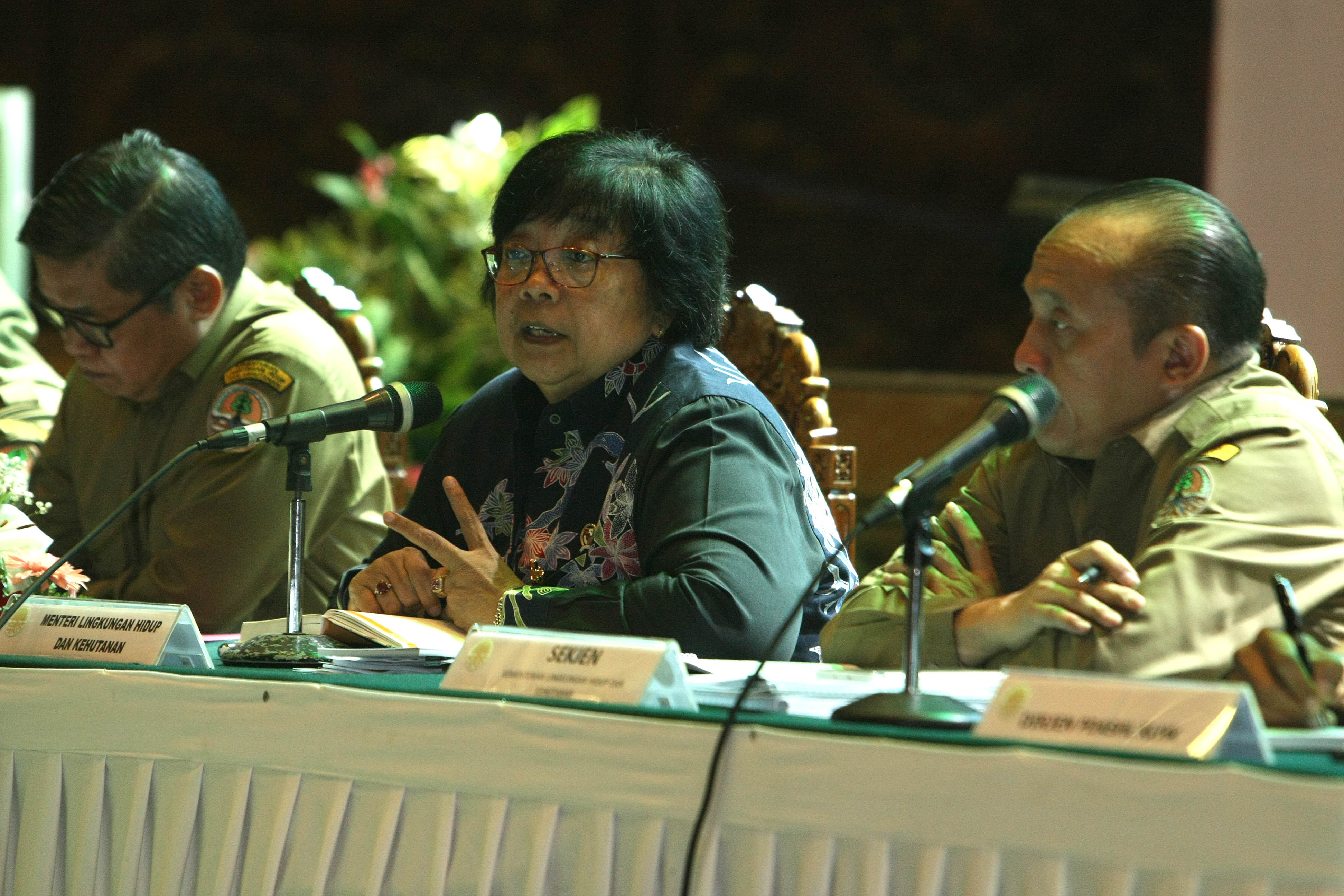 Menteri KLHK Siti Nurbaya Bakar (tengah) menyampaikan paparan dalam rapat teknis pelaksanaan RHL DAS se-Indonesia.