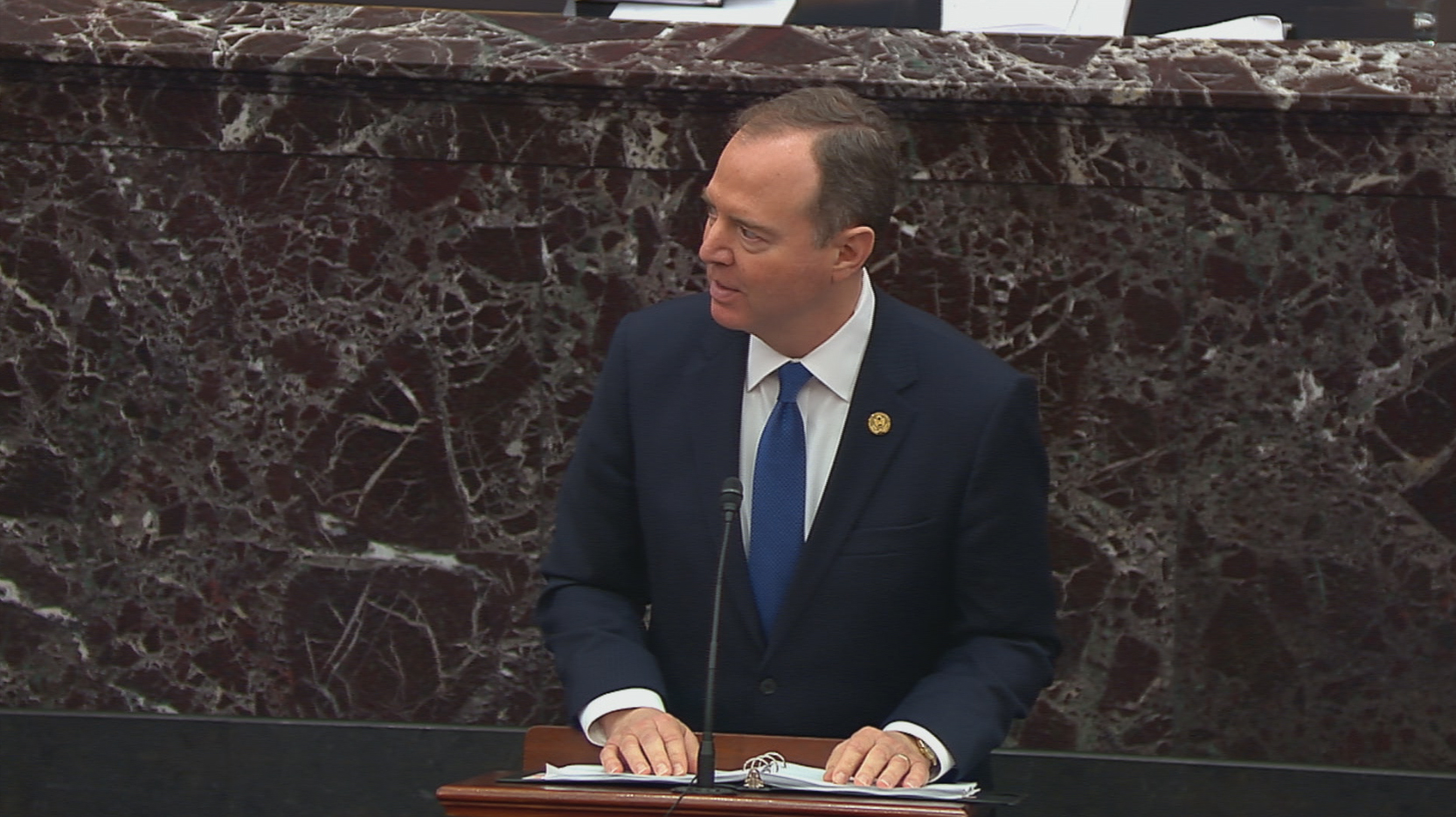 manajer impeachment House Rep. Adam Schiff (D-CA) selama persidangan impeachment di Kamar Senat di US Capitol pada 3 Februari 2020 