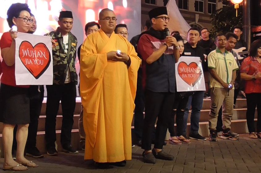 Tokoh lintas agama dalam acara Spirit for Wuhan di Pantai Indah Kapuk, Jakarta Utara.