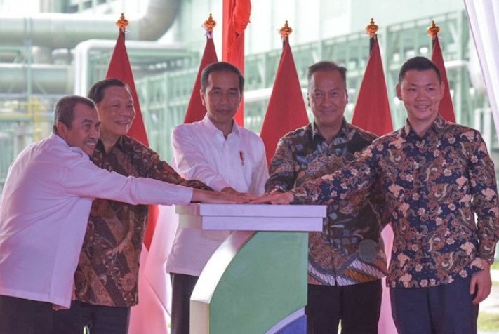 Presiden Joko Widodo bersama sejumlah pejabat menekan tombol peresmian pabrik Asia Pacific Rayon (APR) di Kabupaten Pelalawan, Riau.