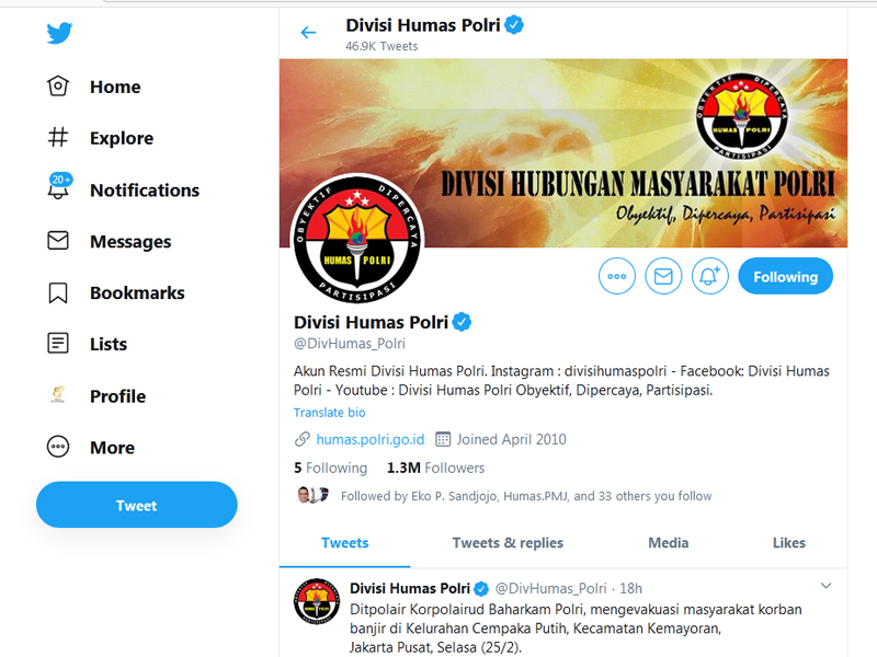 Akun Twitter Divisi Humas Polri
