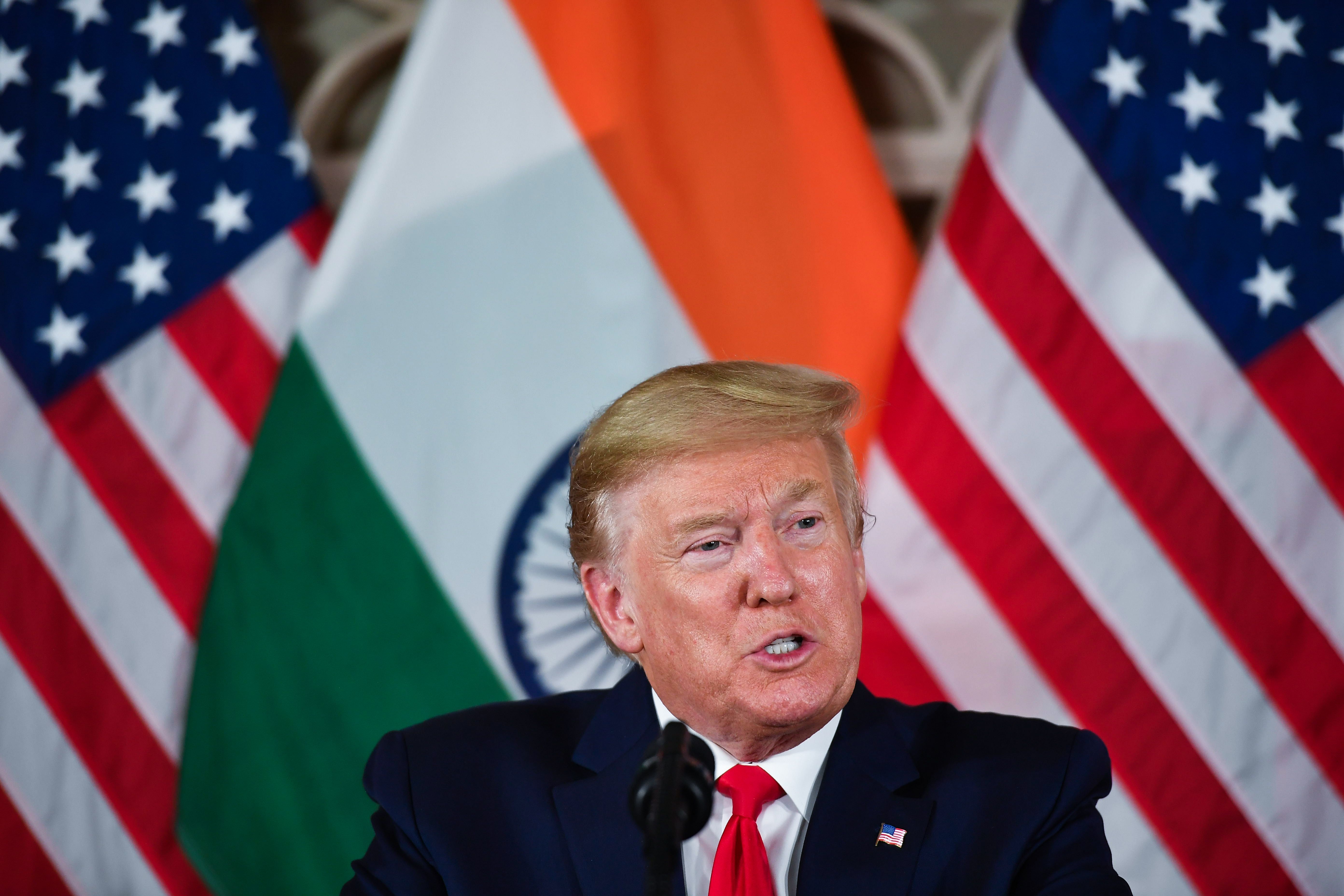 Presiden AS, Donald Trump, menyampaikan pidato dalam pertemuan bisnis di New Delhi, India.