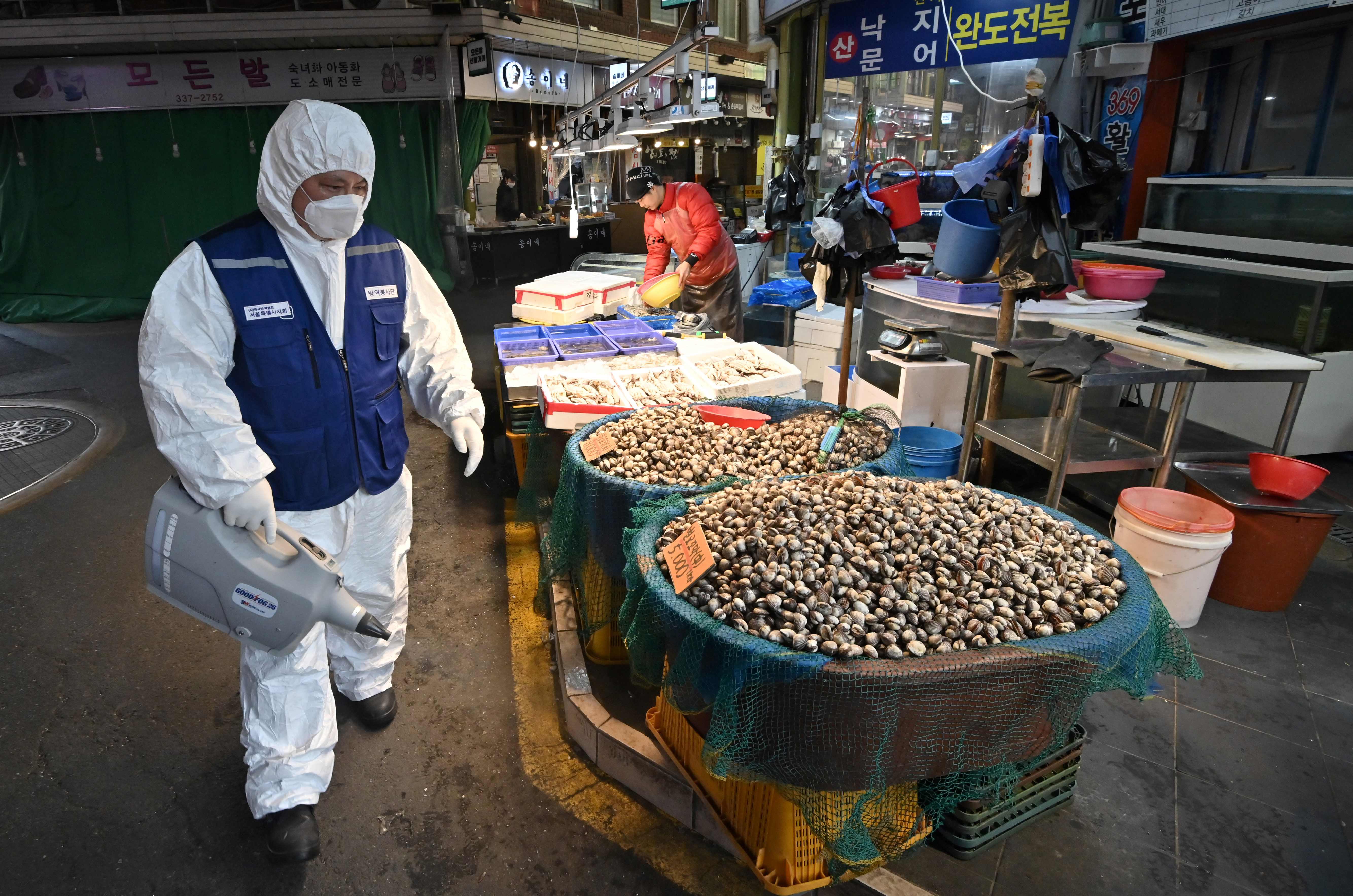 Petugas berpakaian pelindung menyemprotkan disinfektan di sebuah pasar di Seoul, Korsel, untuk mencegah penyebaran virus korona.