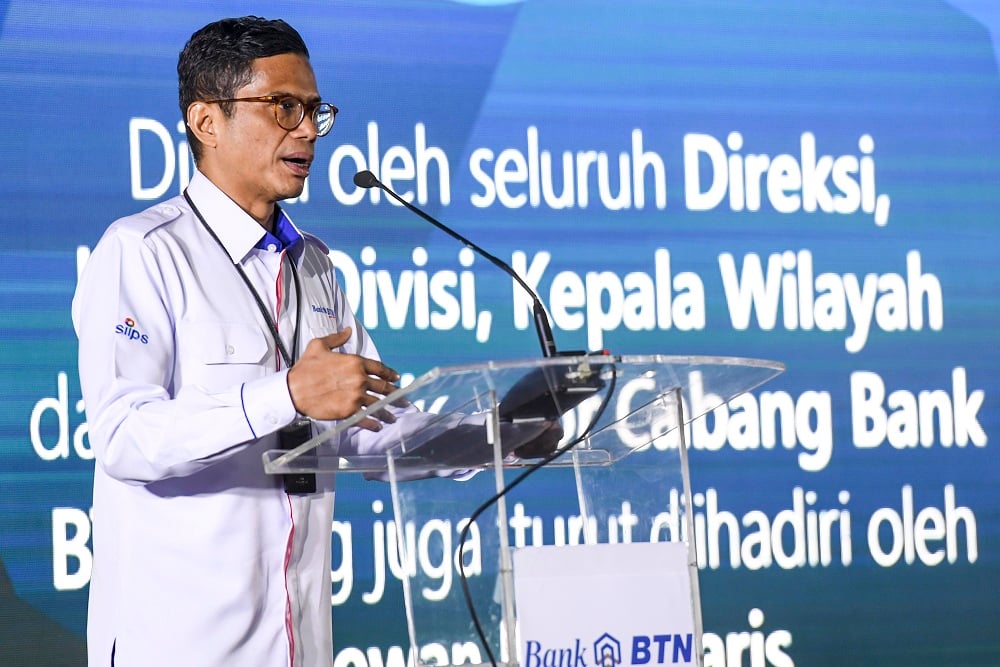 Direktur Utama PT Bank Tabungan Negara (Persero) Tbk Pahala N Mansury memberikan sambutan pada Rapat Kerja BTN 2020 di Jakarta, Januari 2020