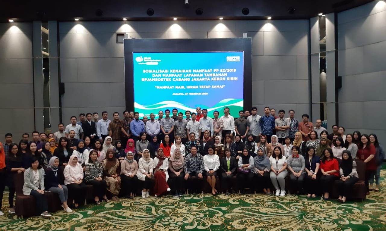 Acara sosialisasi kenaikan manfaat program BPJAMSOSTEK sesuai sesuai PP Nomor 82 Tahun 2019 di Plaza BPJamsostek Kuningan, Jakarta. 