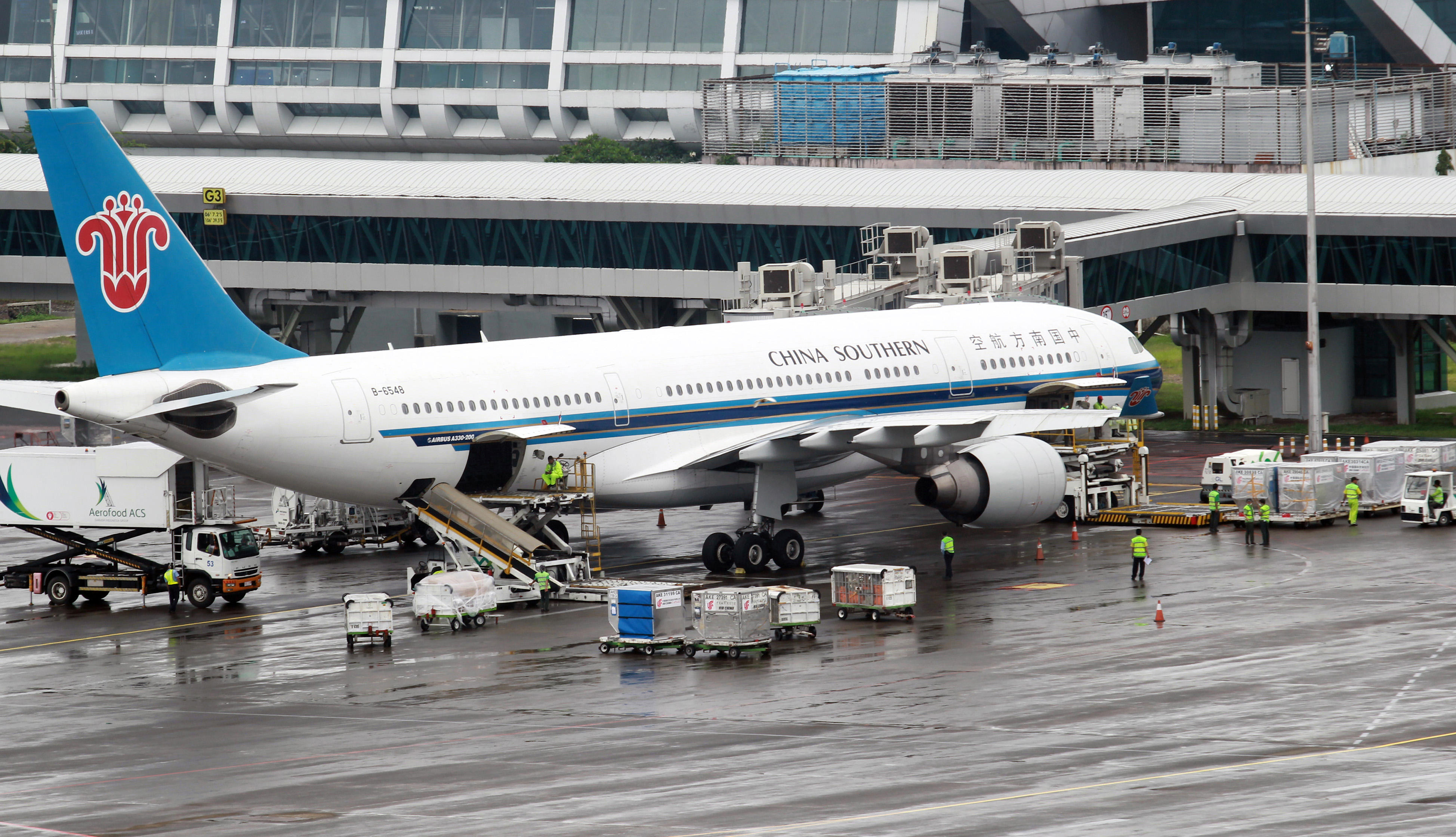 pekerja melakukan bongkar muat bagasi pesawat China Southern di Bandara Soekarno Hatta, Tangerang, Selasa, (4/2).