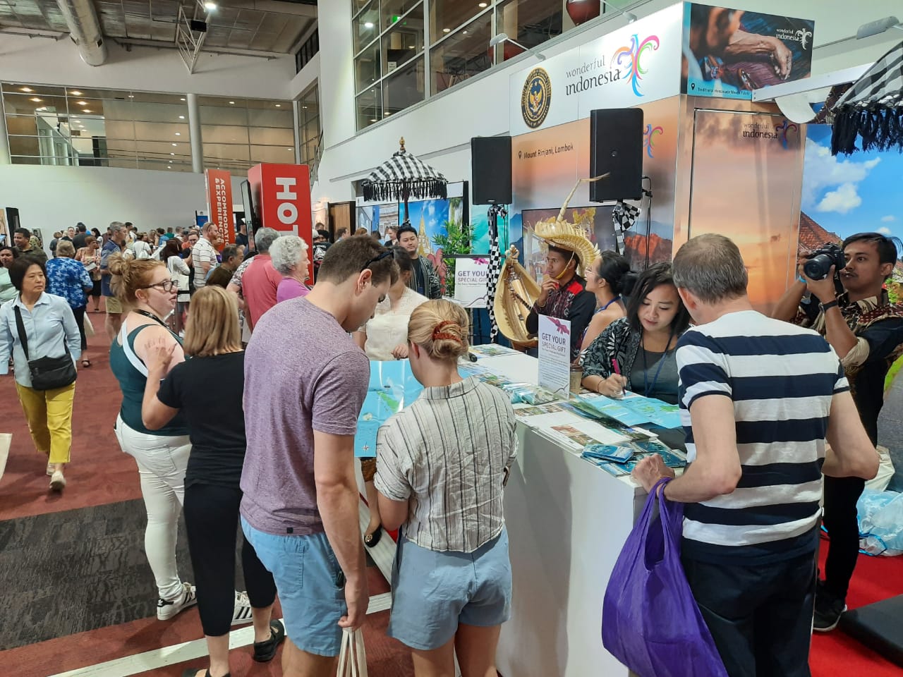 Stand Indonesia di  World Travel Expo Canberra 2020 di Canberra, Australia.