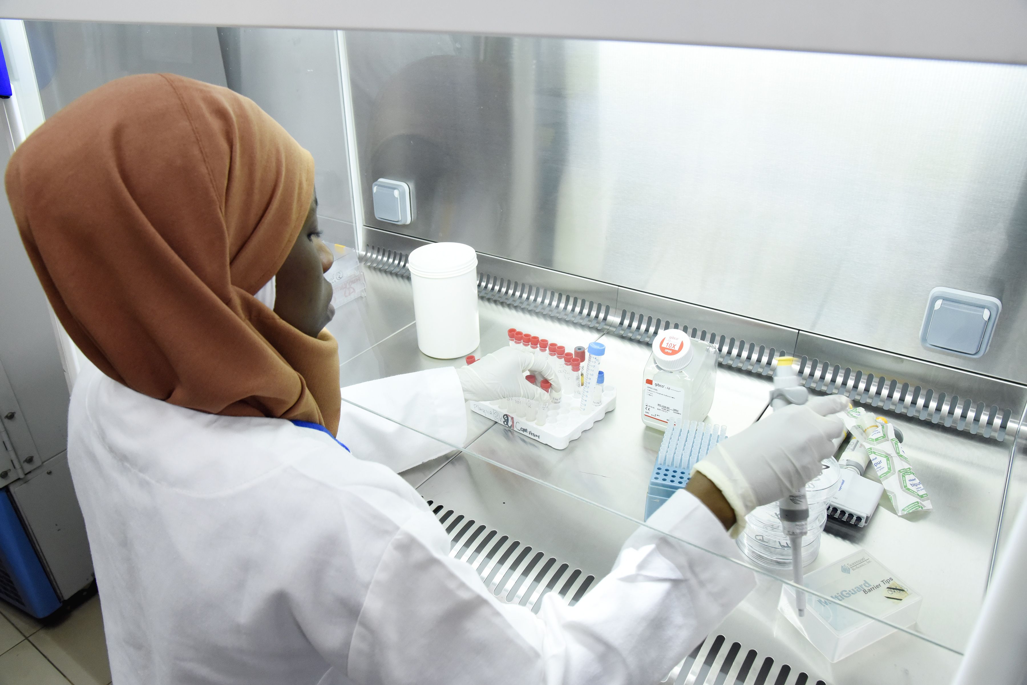 Seorang ilmuwan di sebuah laboratorium di Dakar, Senegal memeriksa sampel virus korona.